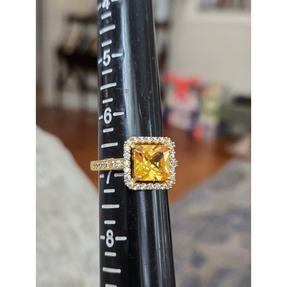 Cushion Cut Simulated Yellow Citrine Halo Size 6.75 Engagement Ring